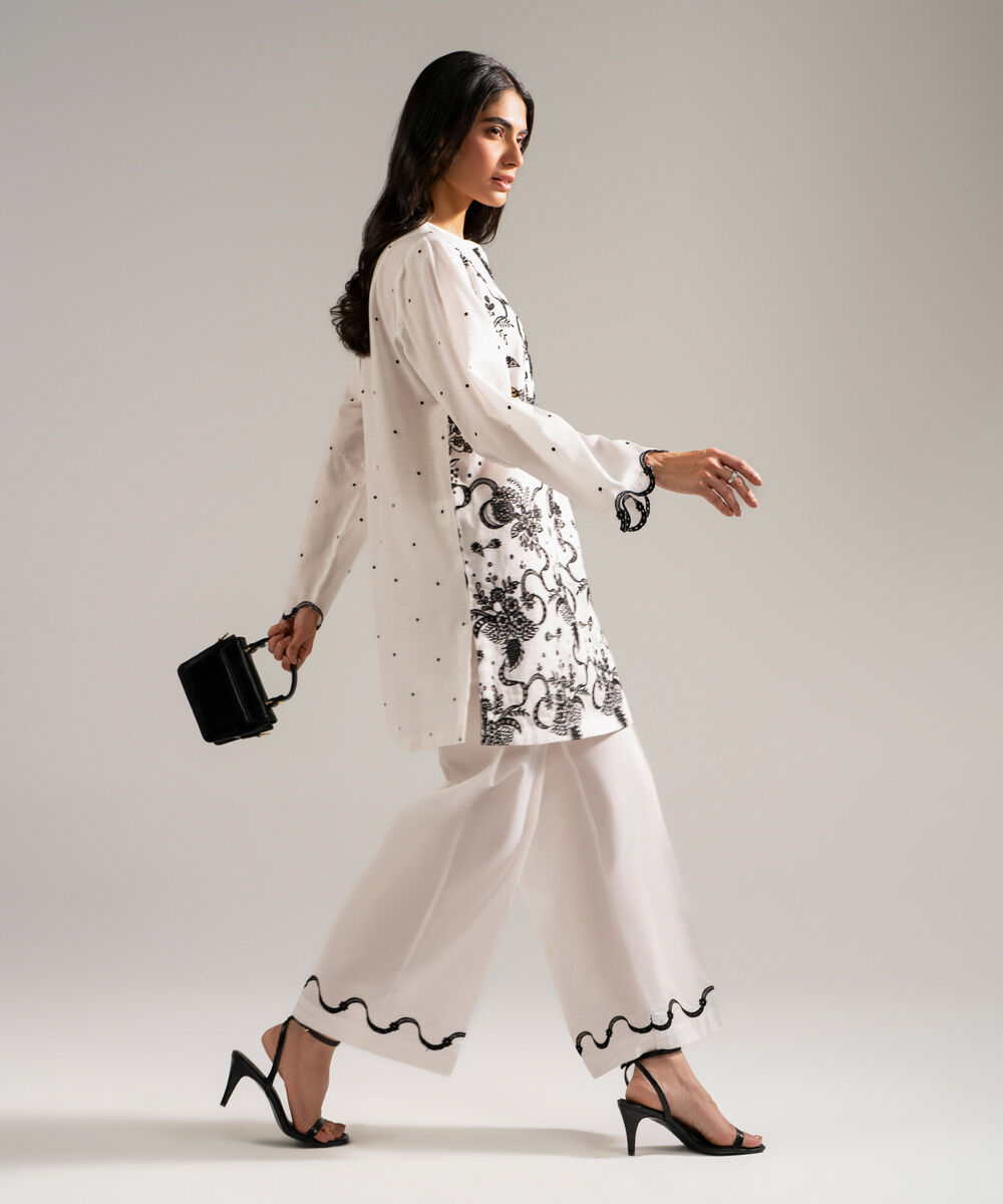 Women's RTW Self Jacquard Embroidered White 2 Piece Suit