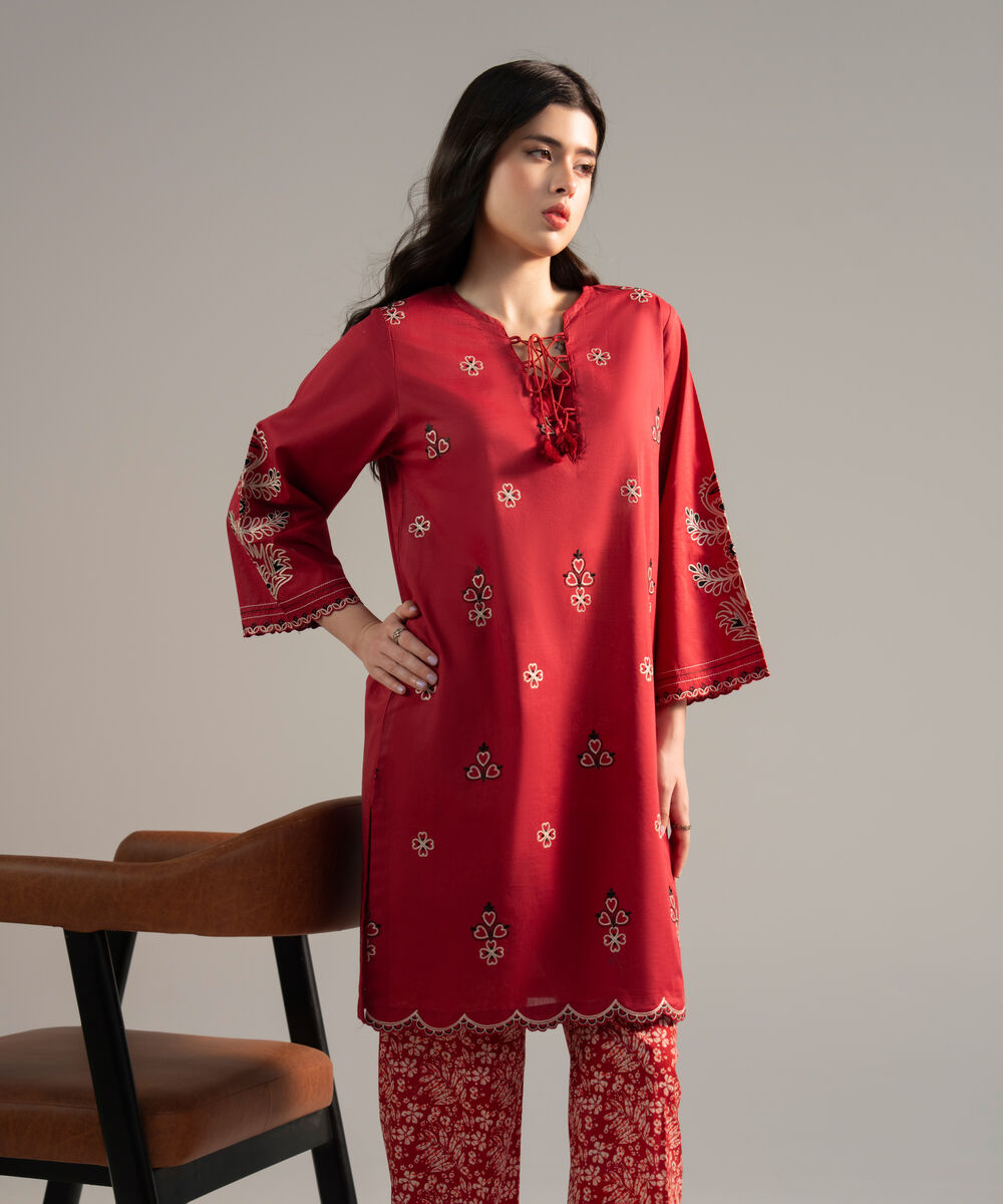 Women's RTW Cross Hatch Embroidered Red Straight Shirt