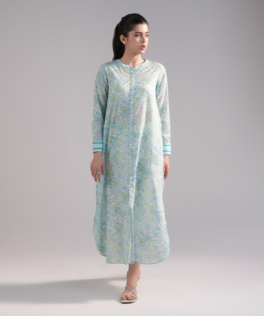 Women's RTW Slub Lawn Printed Blue Straight Shirt