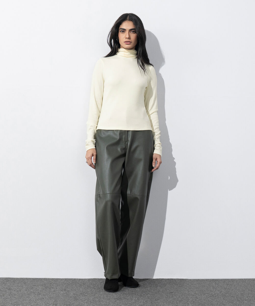 Women's Western Wear White Turtle Neck Ribbed Top