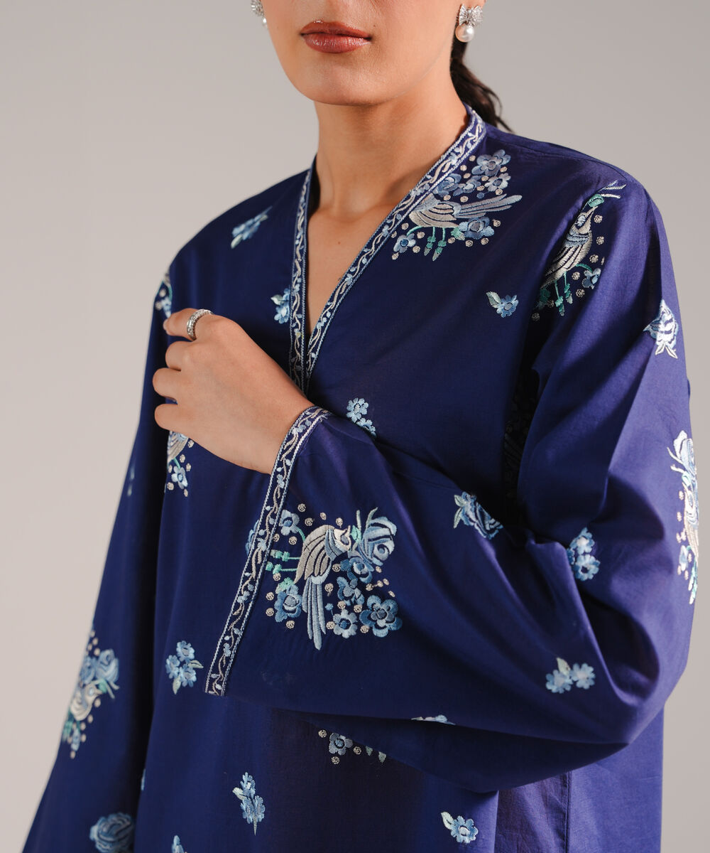 Women's RTW Slub Lawn Embroidered Dark Blue 2 Piece Suit