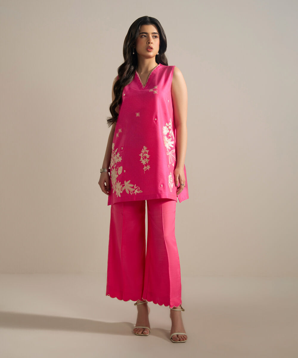 Women's RTW Silk Cotton Net Embroidered Pink 2 Piece Suit