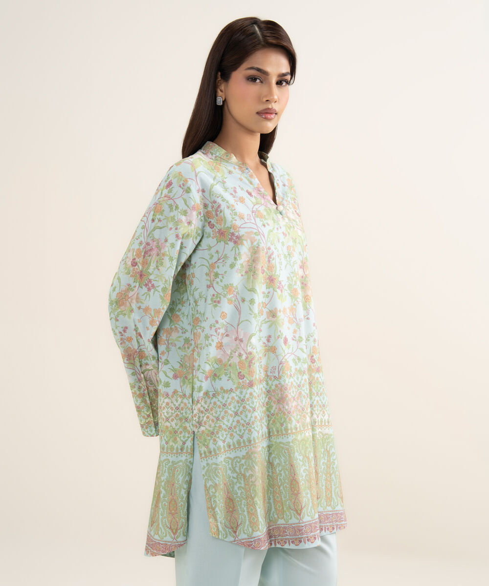 Women's RTW Cotton Viscose Printed Blue Straight Shirt