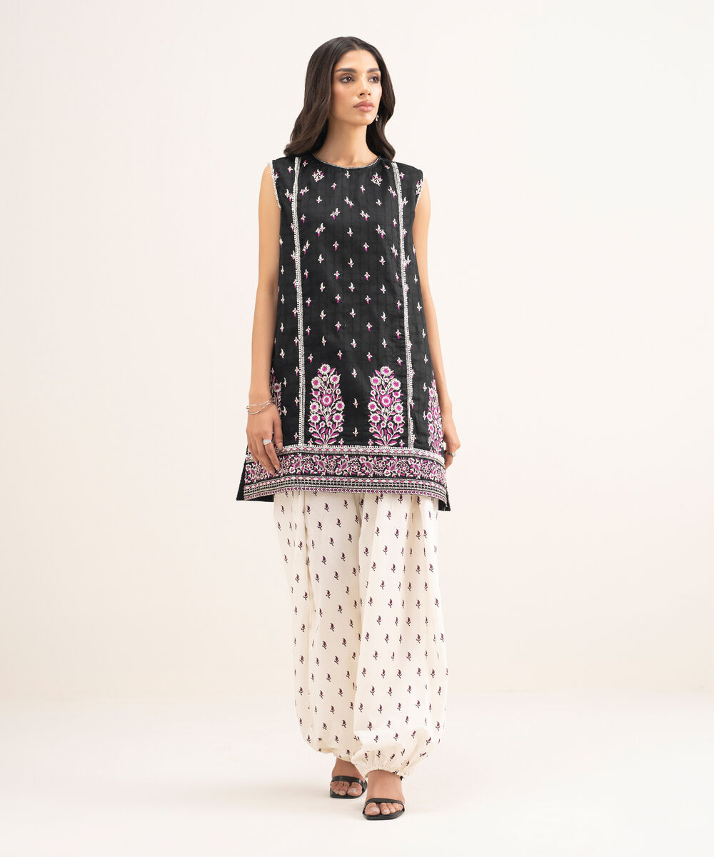 Women's RTW Cambric Embroidered Black Straight Shirt