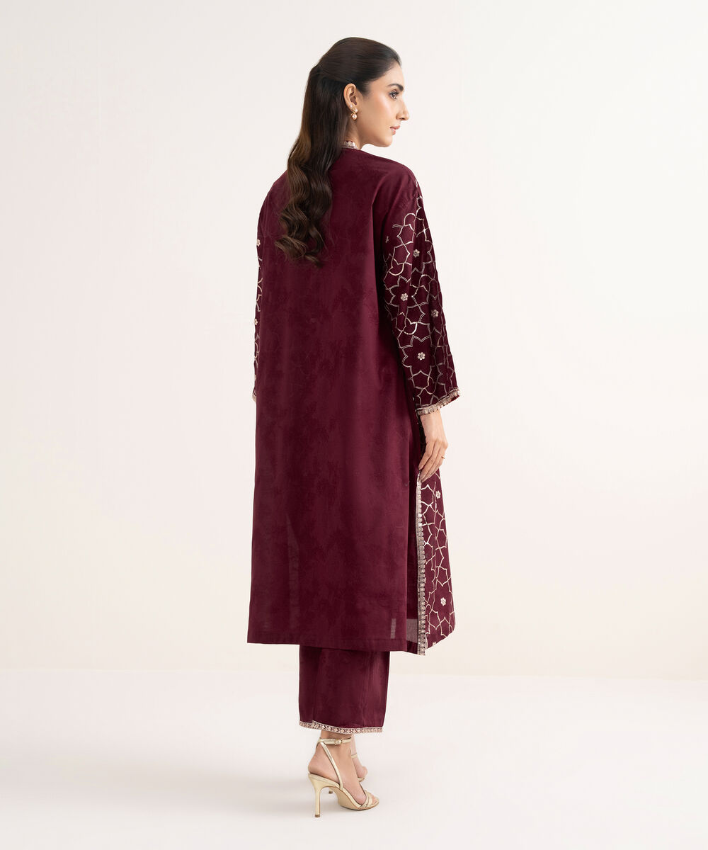 Women's RTW Self Jacquard Leno Embroidered Maroon Drop Shoulder Shirt