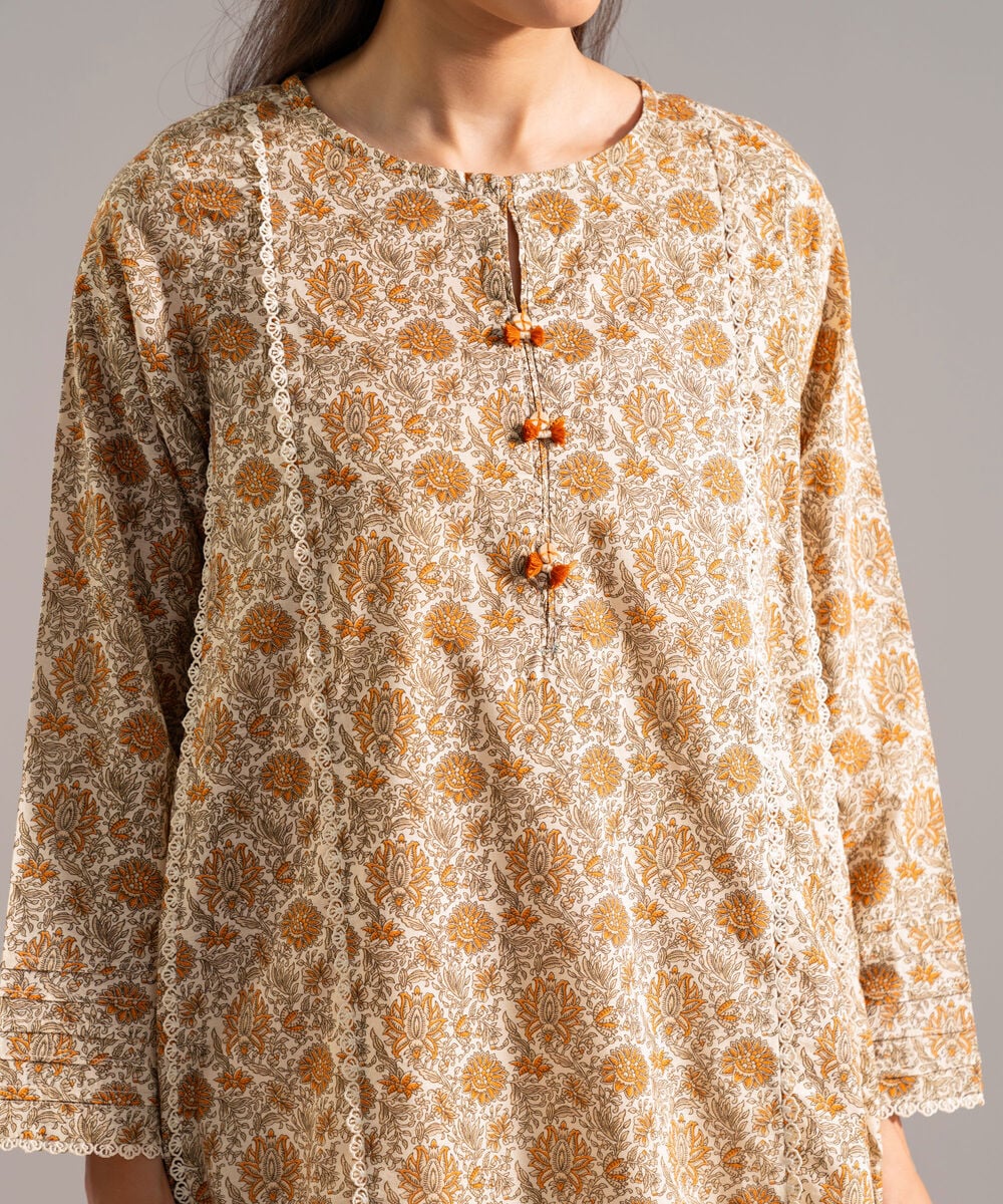 Women's RTW Slub Lawn Printed Beige A-Line Shirt