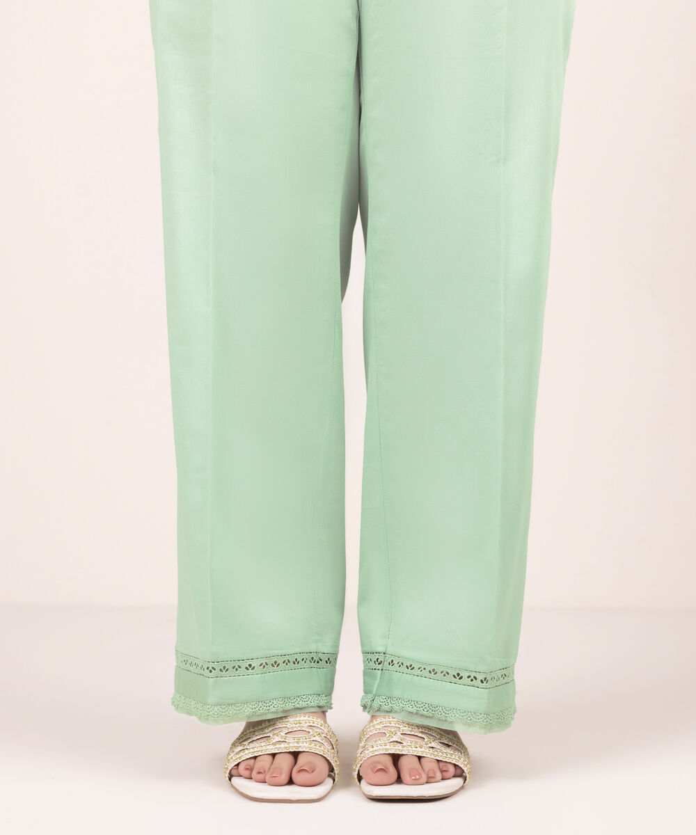 Women's RTW Cambric Solid Green Straight Pants