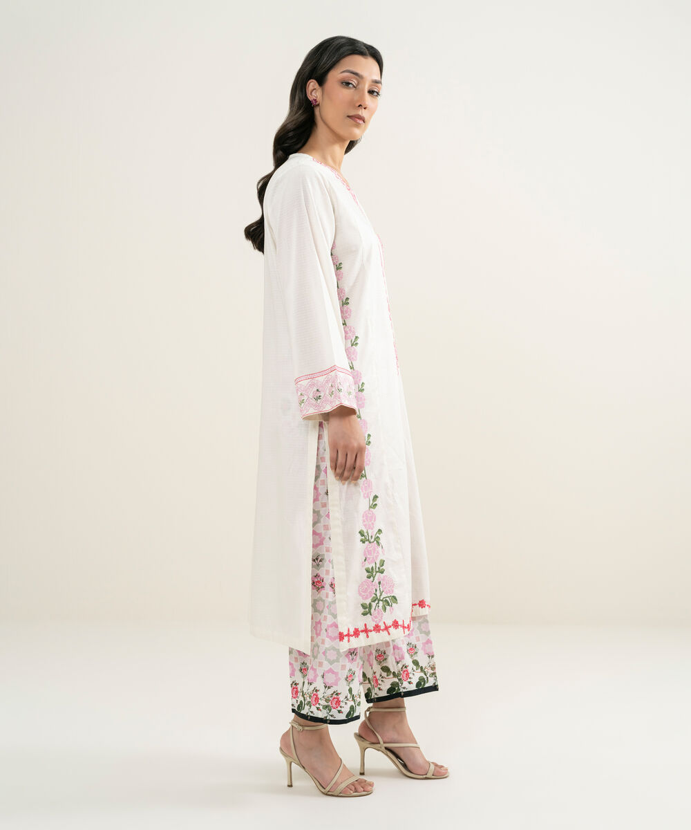 Women's RTW Dobby Embroidered Off White Straight Shirt