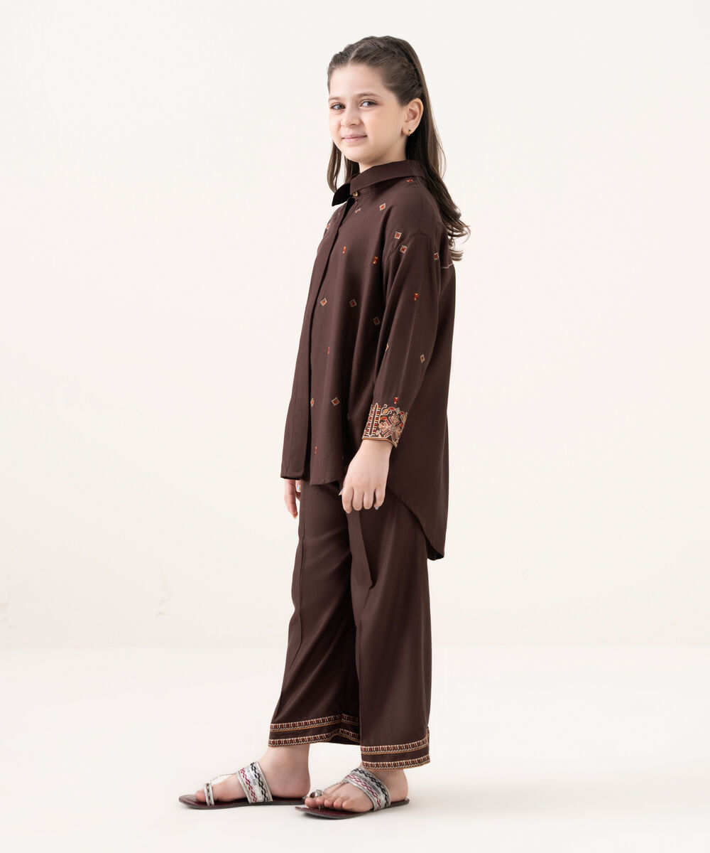 Girl's Bedford  Embroidered Brown 2 Piece Suit
