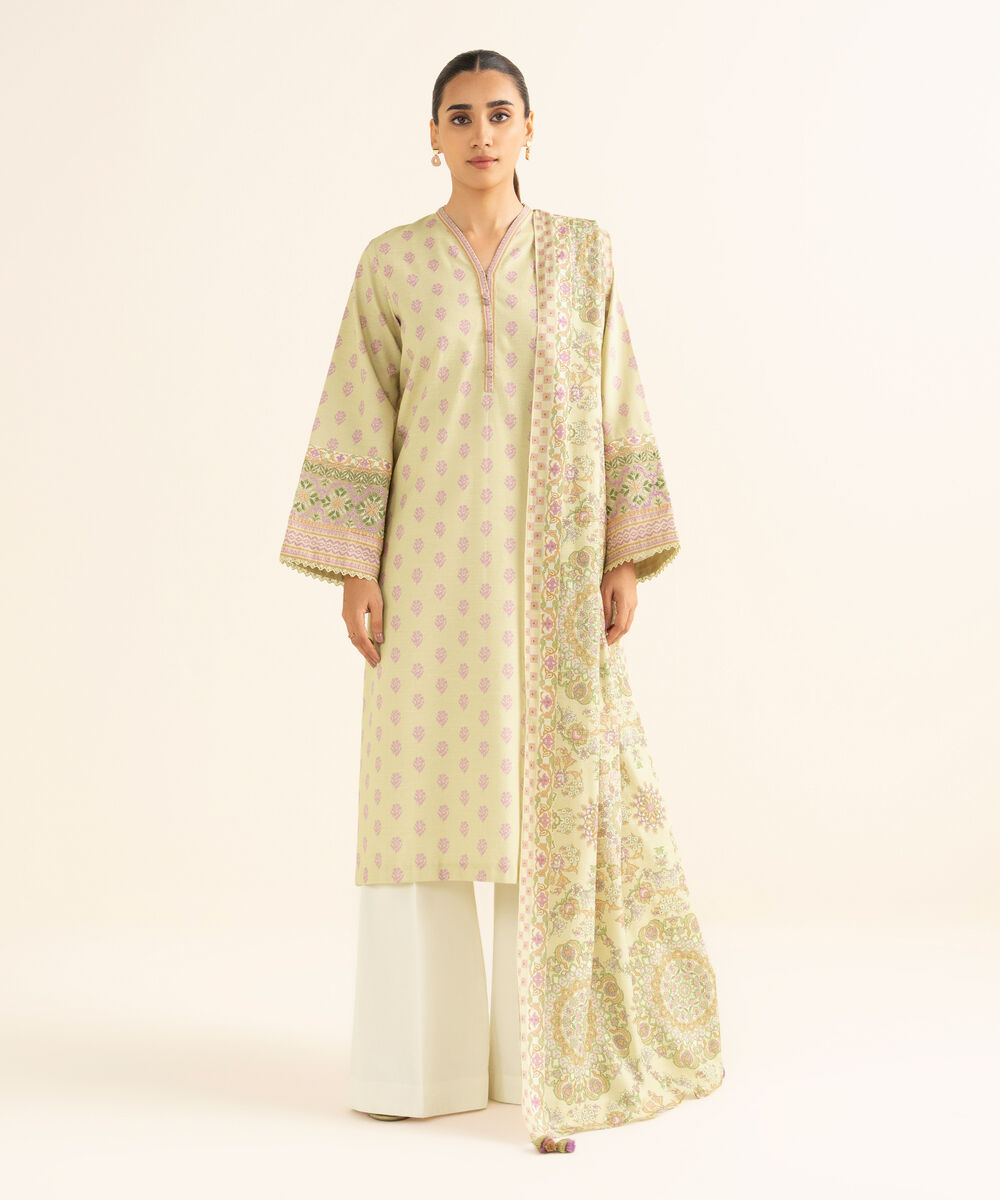 Women's Unstitched Cotton Embroidered Yellow 2 Piece Suit