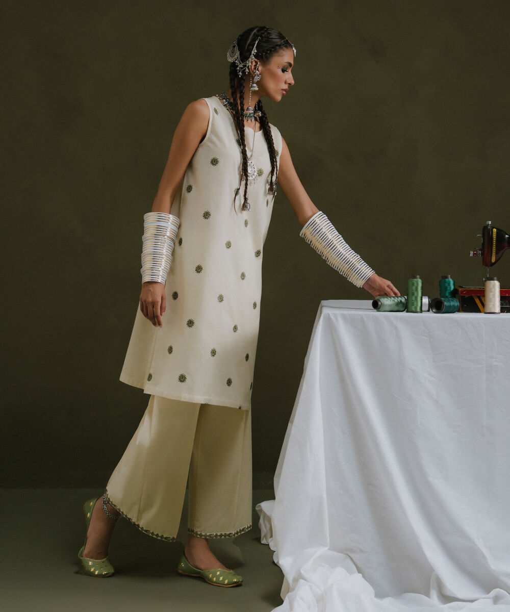 Women's RTW Textured Cotton White Embroidered A-Line Shirt