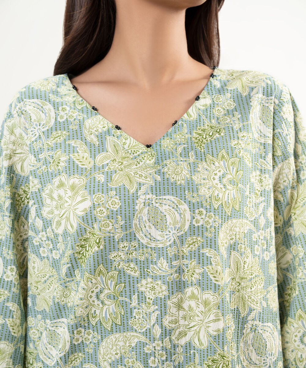 Women's RTW Seersucker Printed Green Straight Shirt