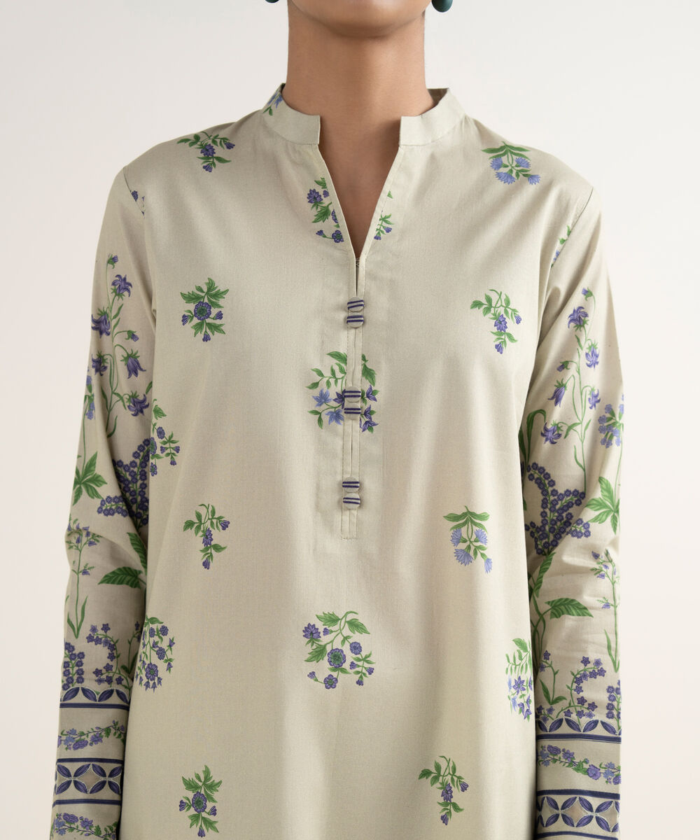 Women's Unstitched Lawn Printed Beige 3 Piece Suit