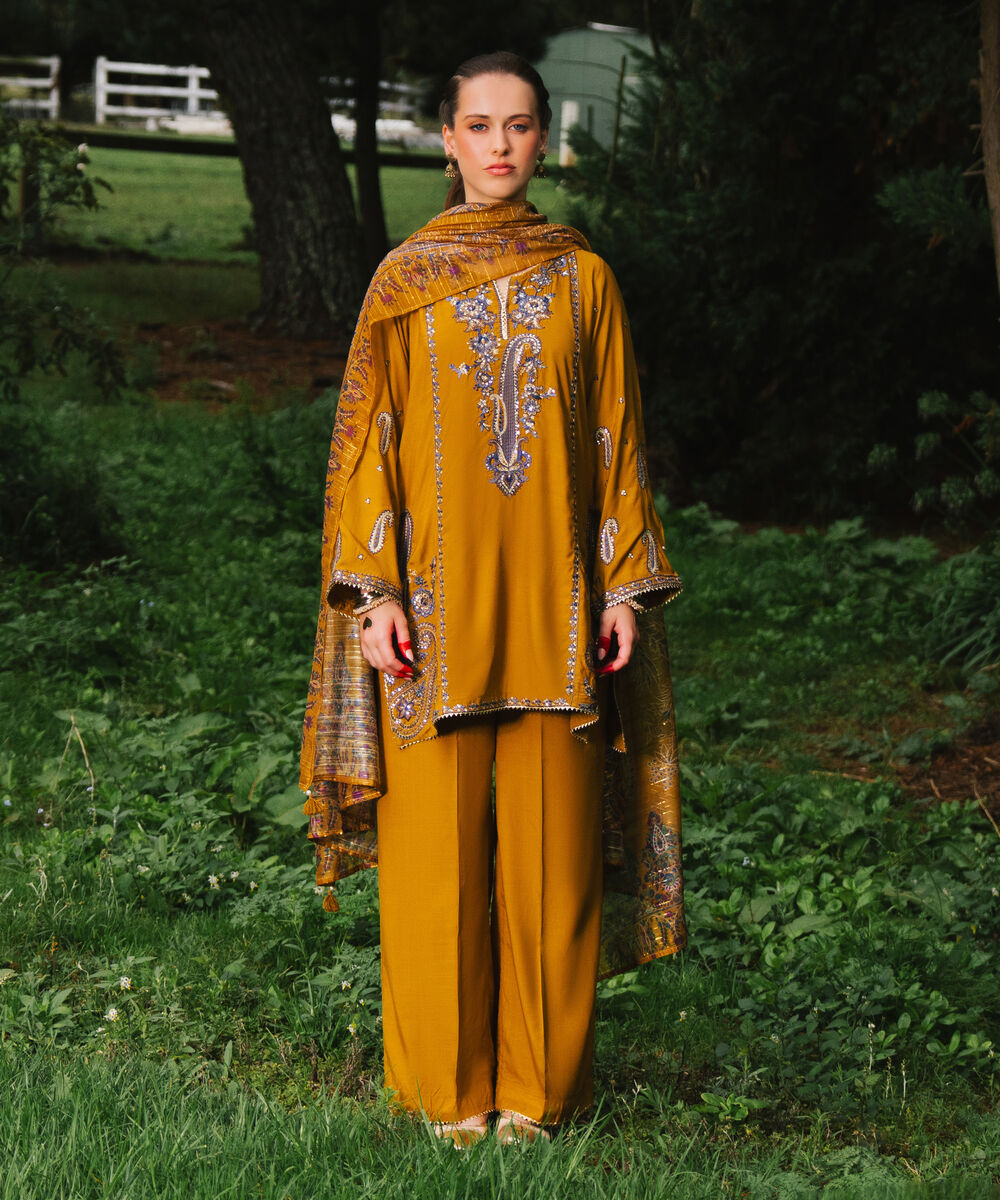 Women's RTW Viscose Raw Silk Embroidered Mustard Brown 3 Piece Suit