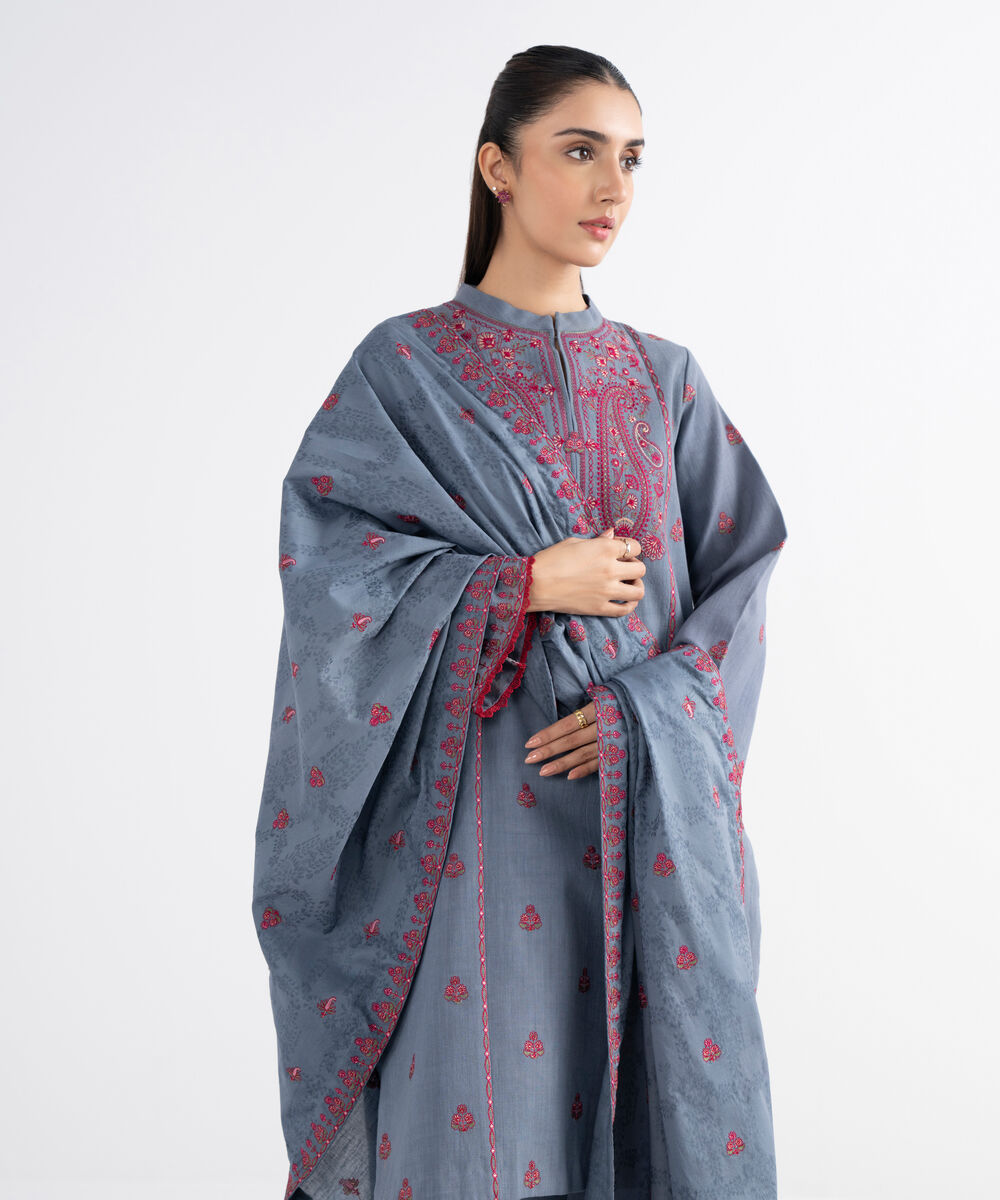 Women's Unstitched Cross Hatch Embroidered Grey 3 Piece Suit