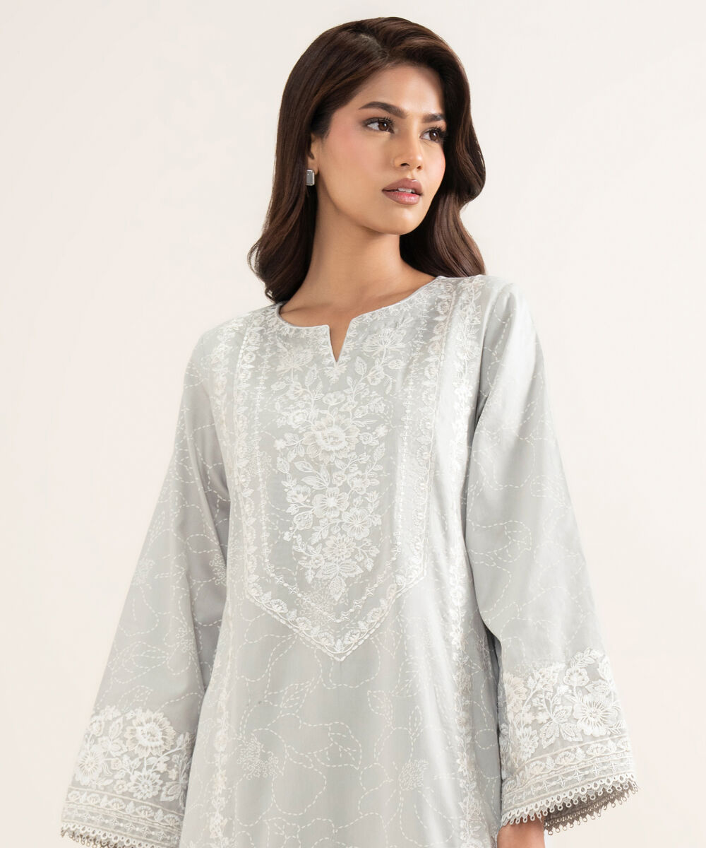 Women's RTW Lawn Embroidered Grey A-Line Shirt