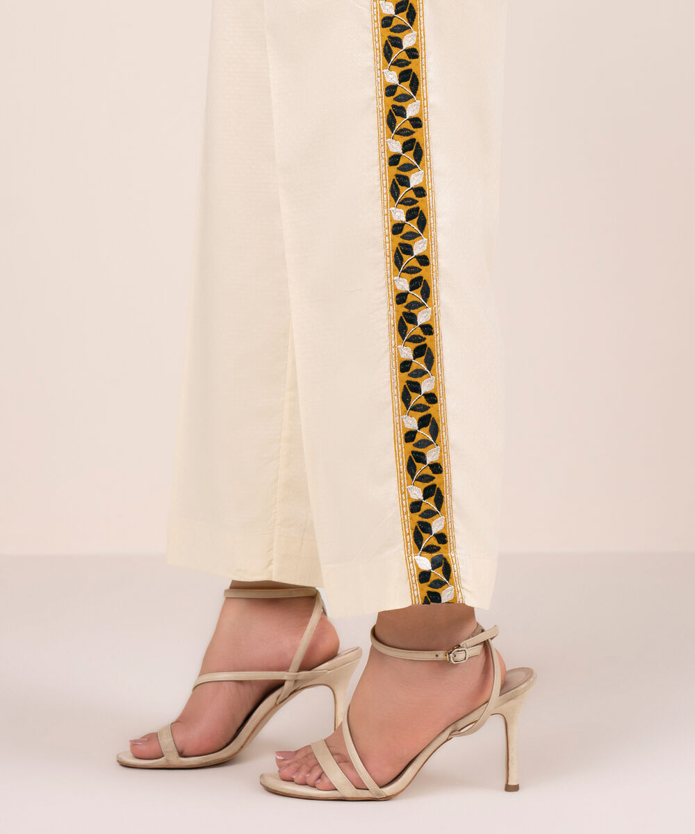 Women's RTW Dobby Embroidered Off White Straight Pants