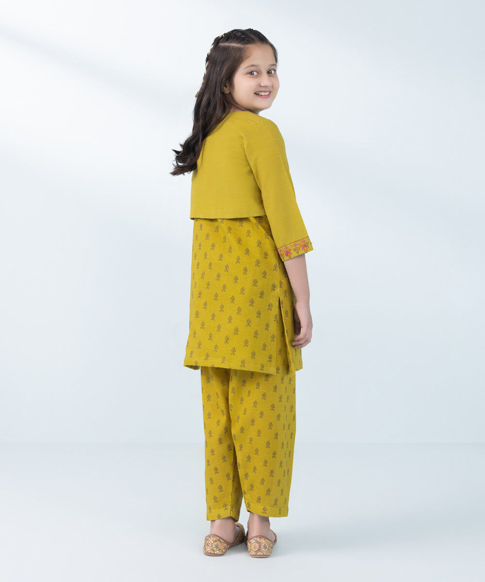 Kids East Girl's Lime Green 2 Piece Embroidered Khaddar Suit