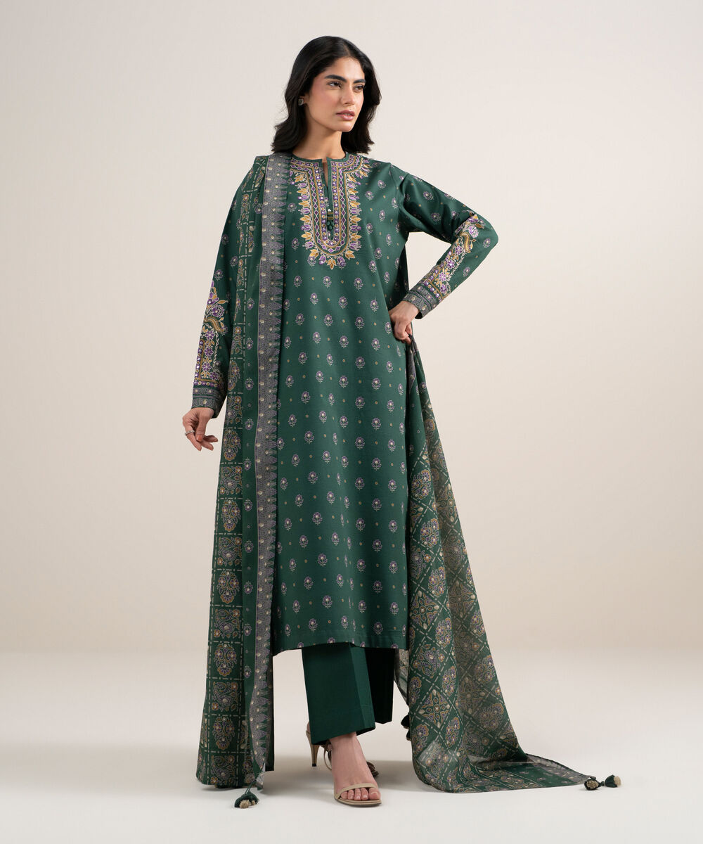 Women's Unstitched Lawn Embroidered Green 3 Piece Suit