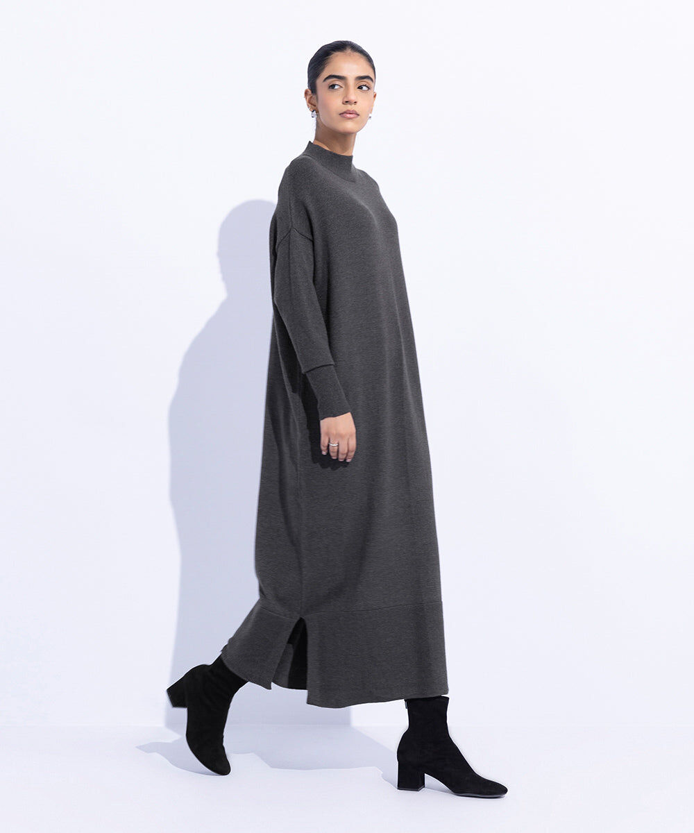 Woman - Grey Long Sweater Knit Dress