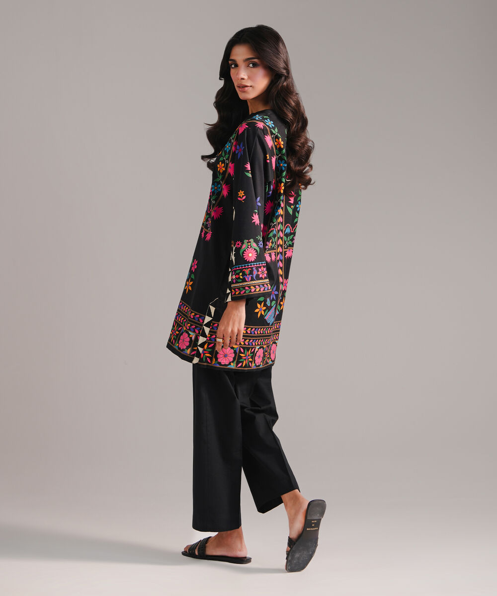 Women's RTW Cotton Viscose Printed Black Straight Shirt