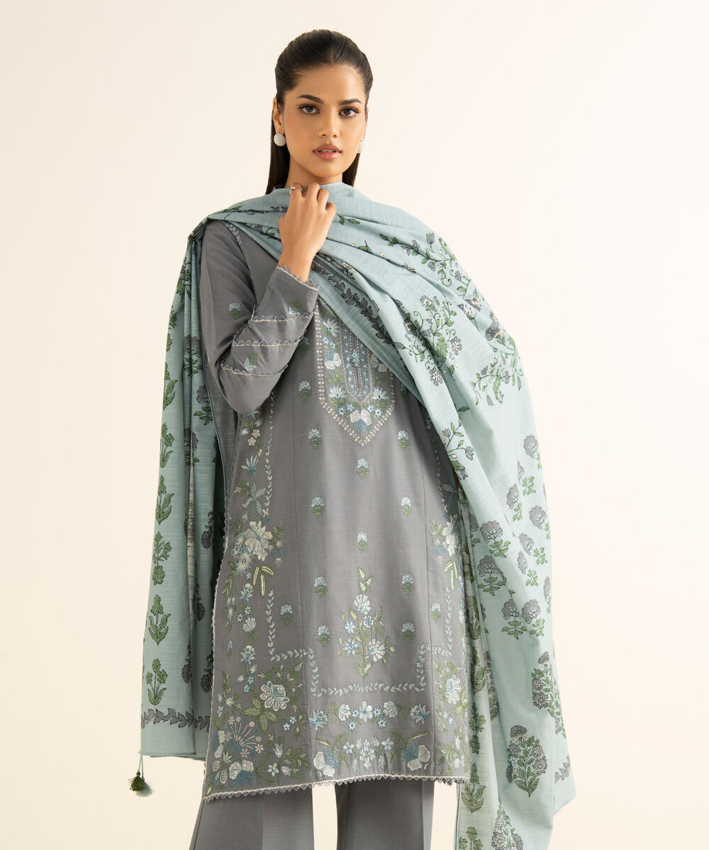 Women's Unstitched Cotton Embroidered Grey 3 Piece Suit
