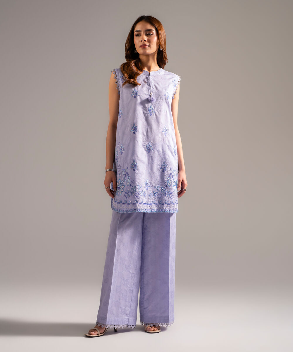 Women's RTW Self Jacquard Embroidered Pastel Blue 2 Piece Suit
