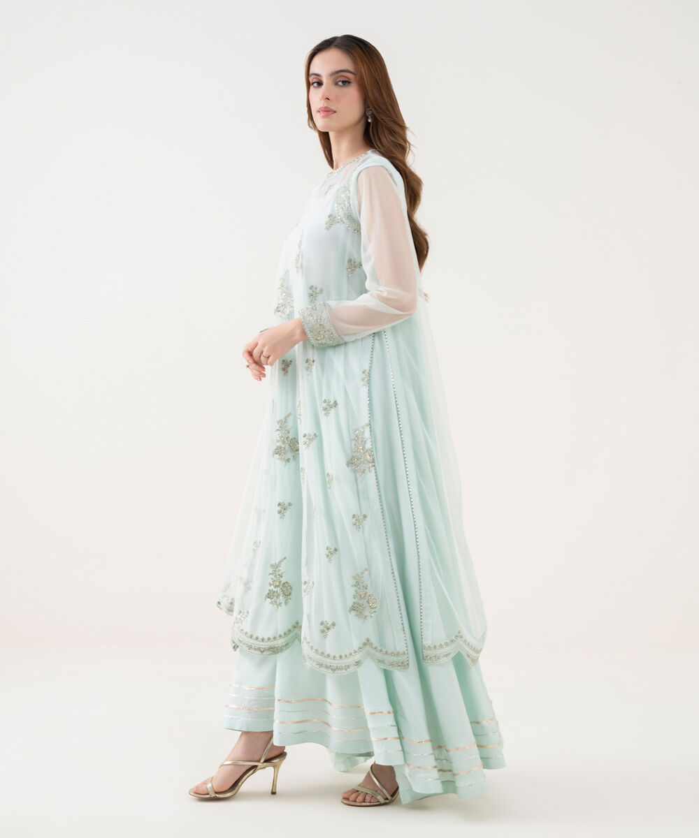 Women's RTW Blended Net Embroidered White 2 Piece Suit