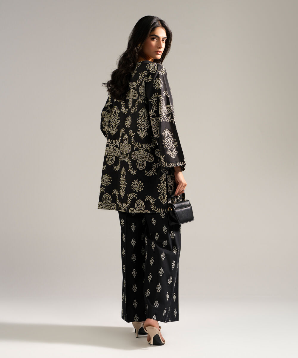 Women's RTW Slub Lawn Printed Black 2 Piece Suit