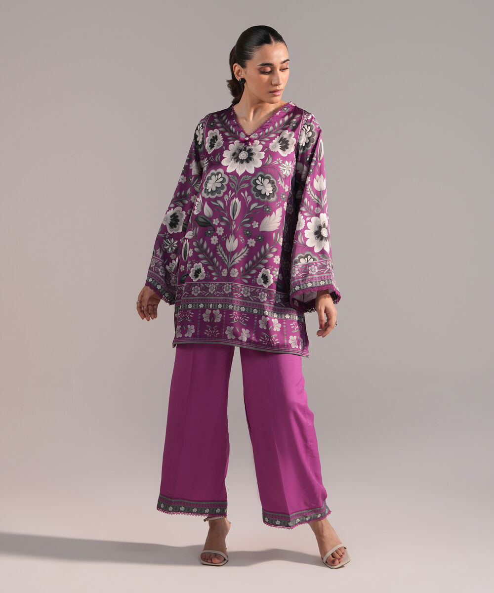 Women's RTW Blended Satin Printed Purple 2 Piece Suit