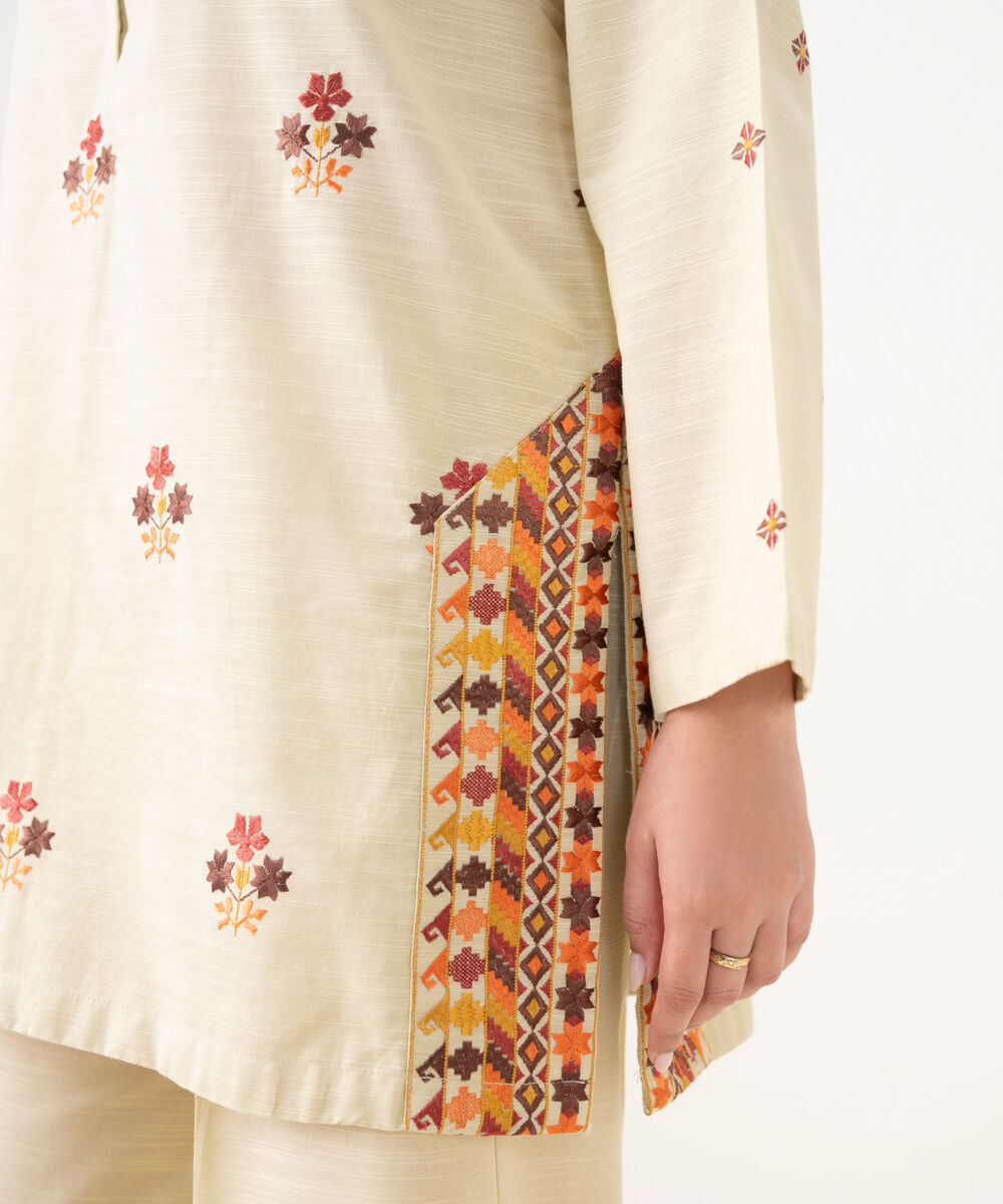 Women's RTW Light Khaddar Embroidered Beige Straight Shirt