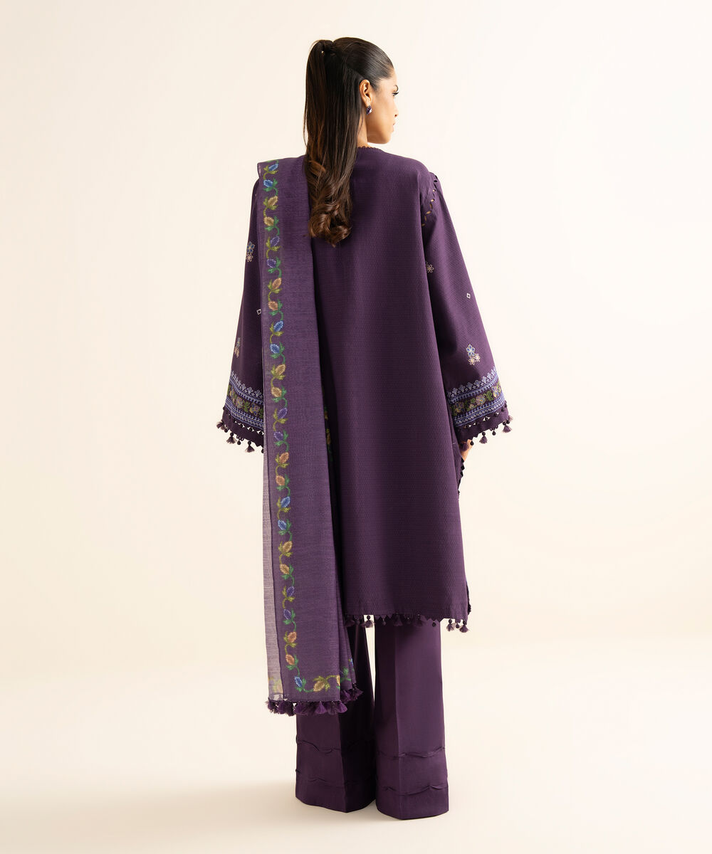 Women's Unstitched Dobby Embroidered Purple 3 Piece Suit