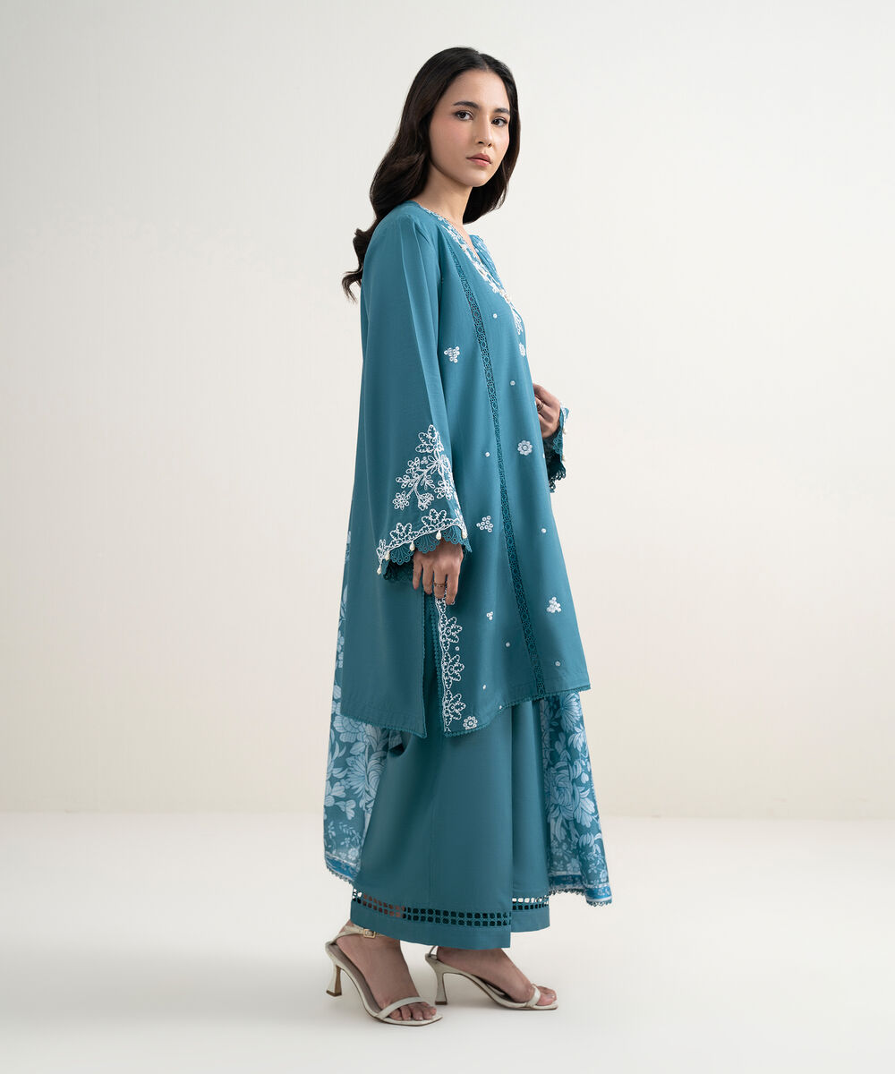 Women's RTW Raw Silk Viscose Embroidered Blue 3 Piece Suit