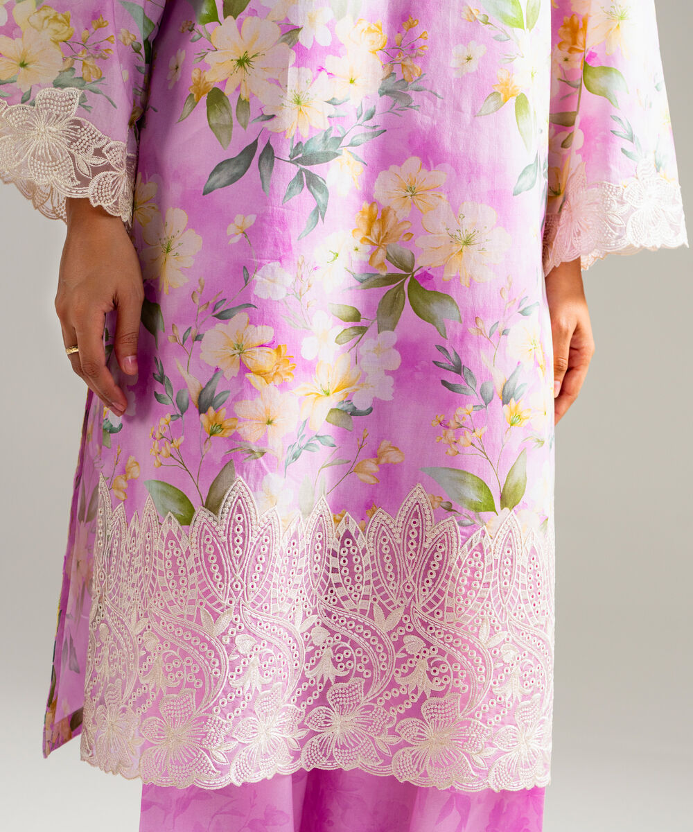 Women's RTW Lawn Embroidered Lavendar Straight Shirt