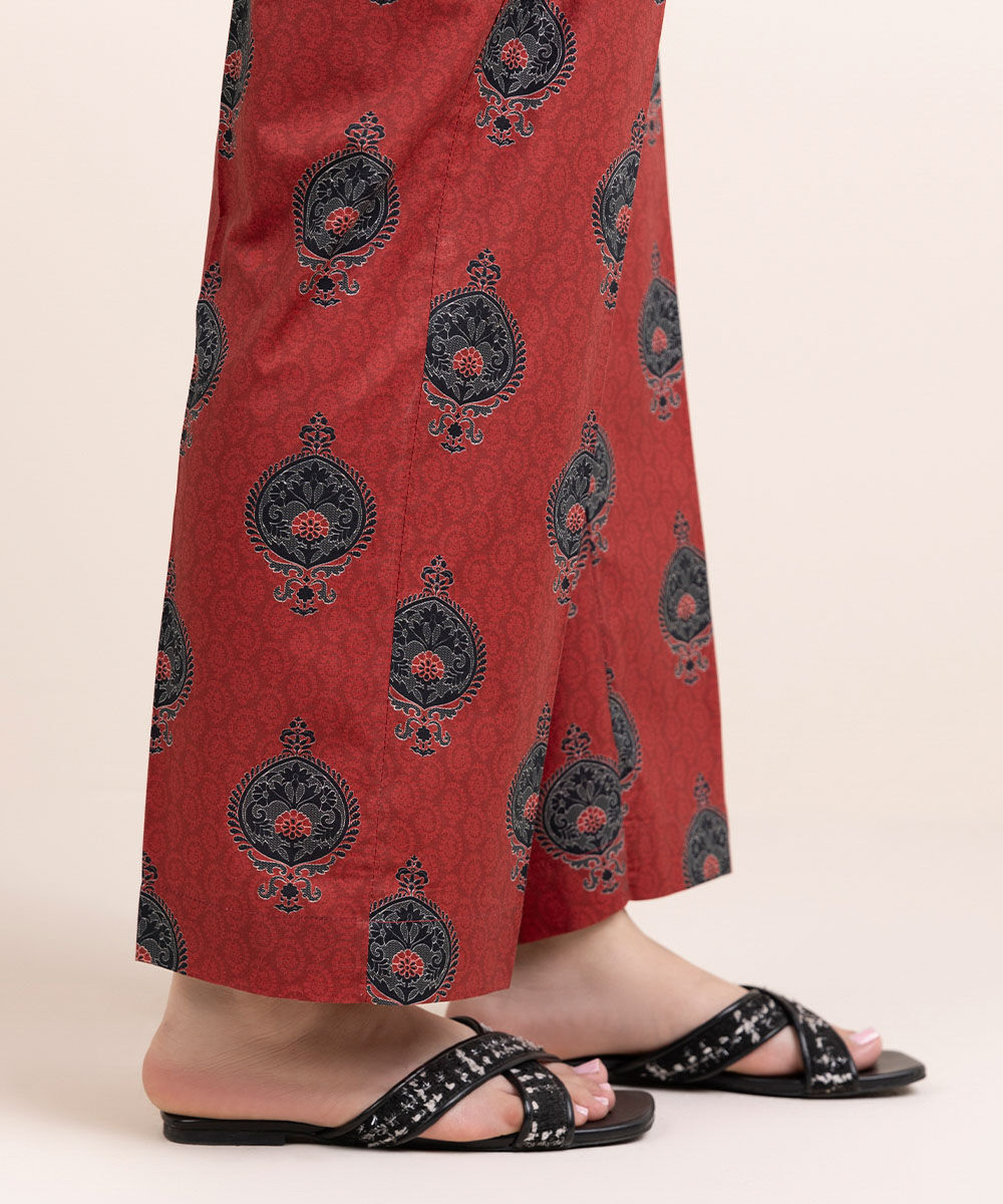 Woman - Red Printed Cambric Straight Pants