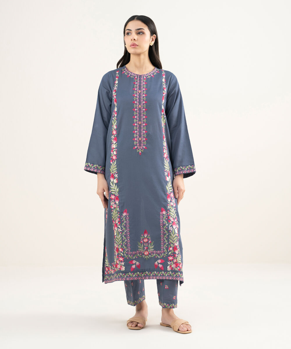 Women's RTW Dobby Embroidered Steel Blue A-Line Shirt