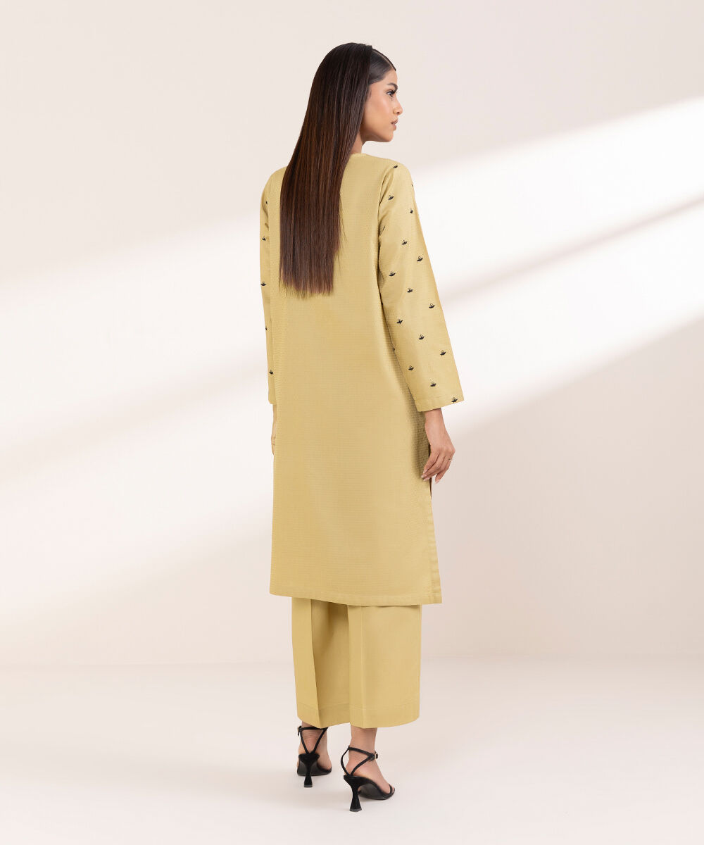 Women's RTW Dobby Beige Embroidered A-Line Shirt