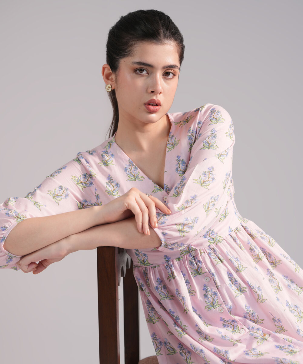 Women's RTW Slub Lawn Printed Pink Dress Shirt