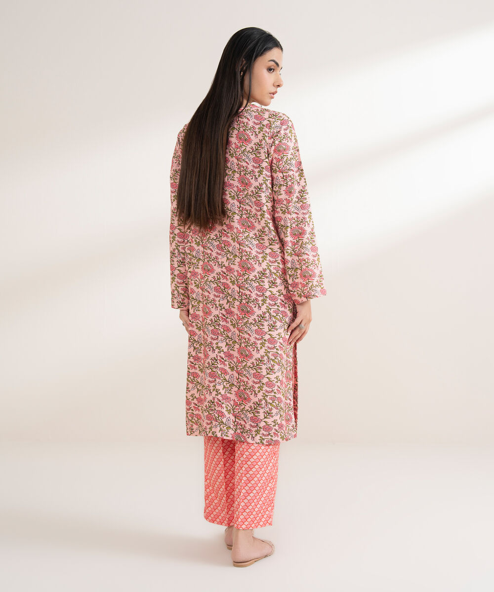 Women's RTW Arabic Khaddar Printed Straight Pink Shirt