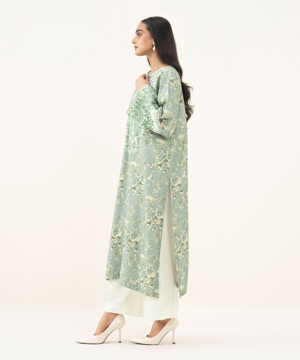 Women's RTW Herringbone Embroidered Green A-Line Shirt