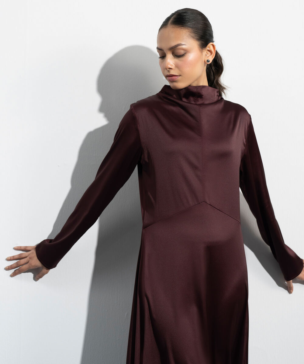 Women's Western Maroon Polka Dot Satin Dress