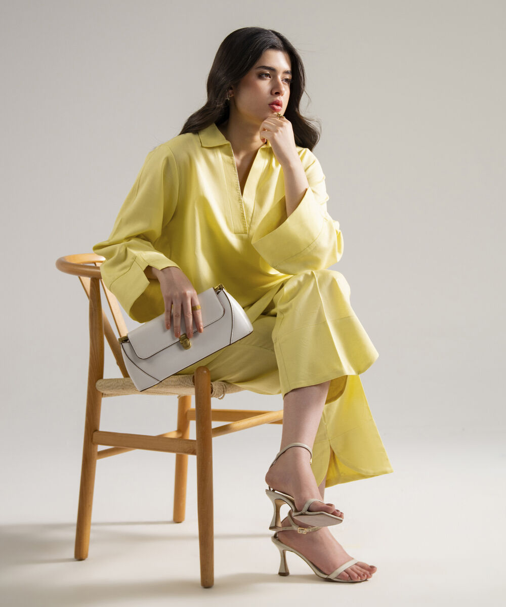 Women's RTW Cotton Linen Solid Lime Green 2 Piece Suit