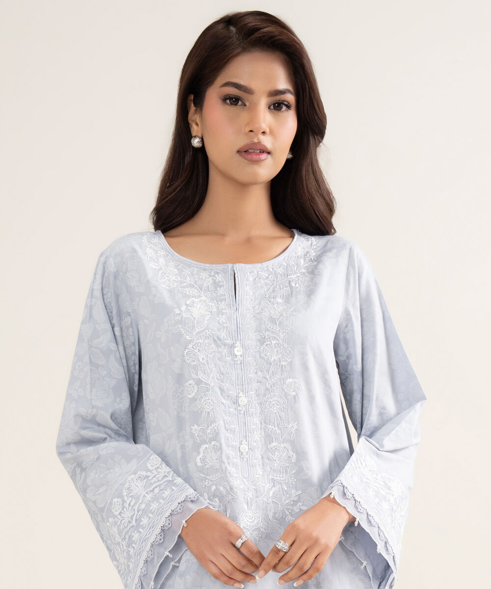 Women's RTW Premium Cotton Satin Embroidered Purple A-Line Shirt