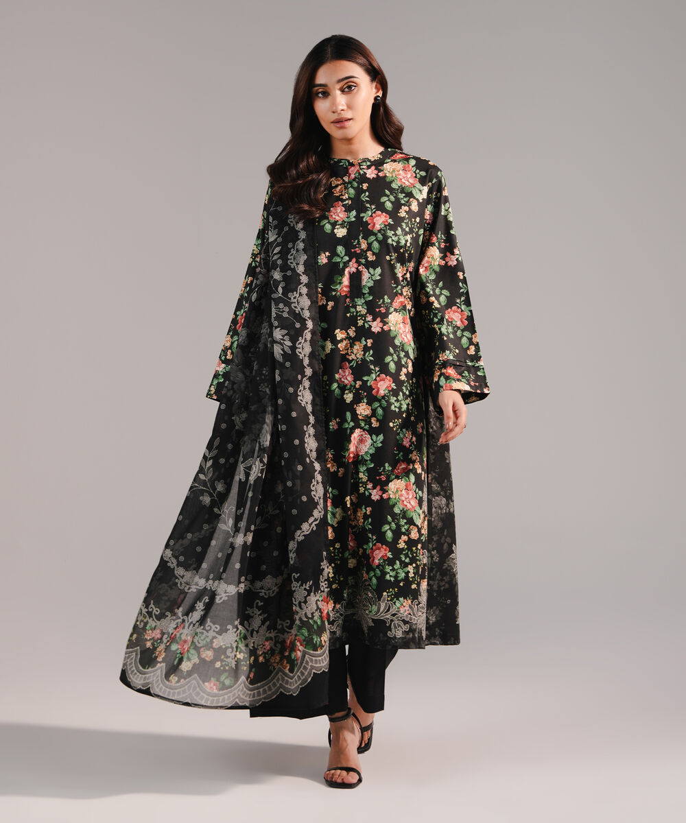 Women's RTW Cotton Viscose Printed Black 2 Piece Suit