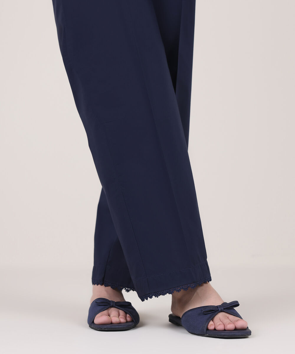 Women's RTW Cambric Blue Solid Straight Pants