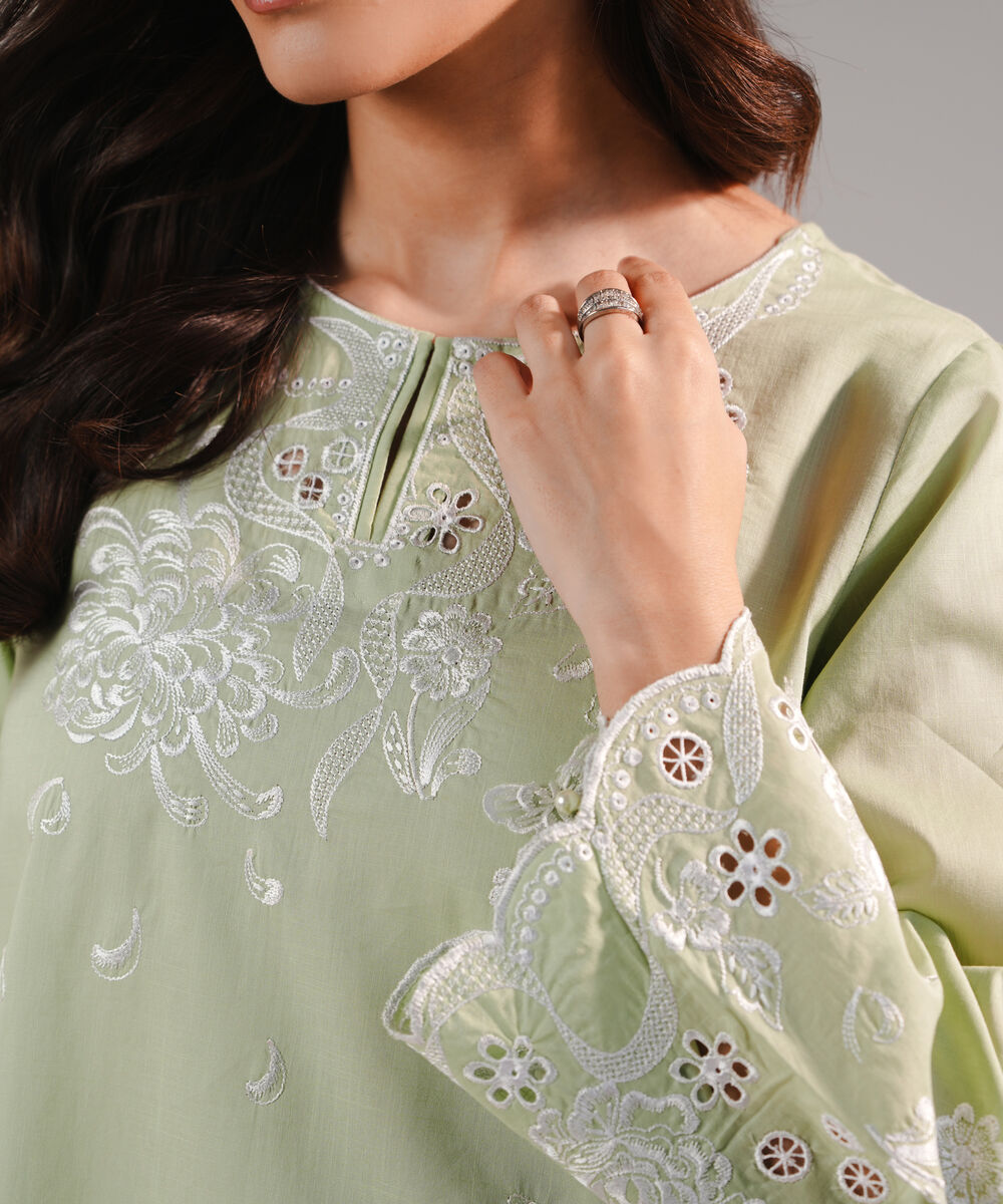 Women's RTW Crosshatch Embroidered Mint Green Straight Shirt