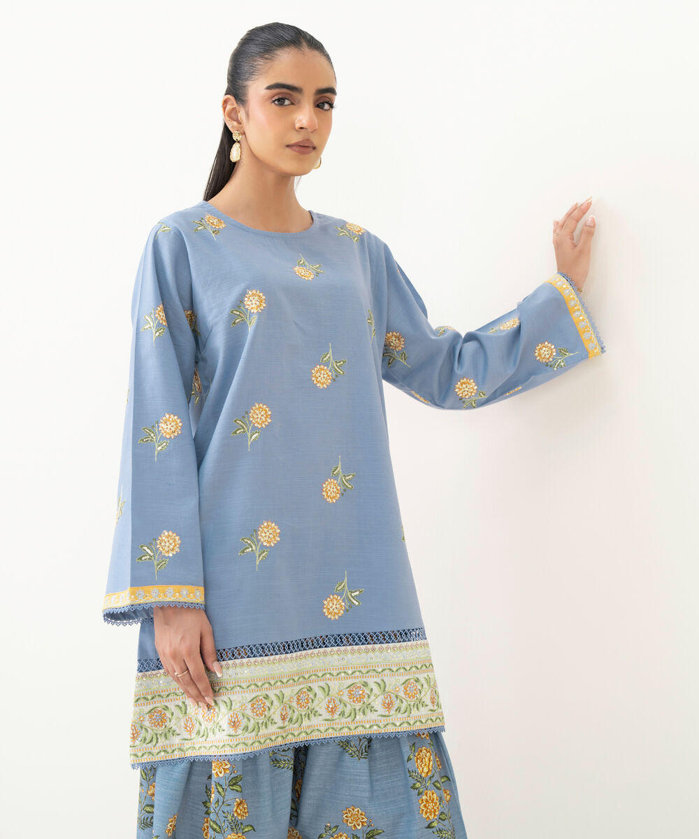 Women's RTW Cambric Blue Embroidered Boxy Shirt
