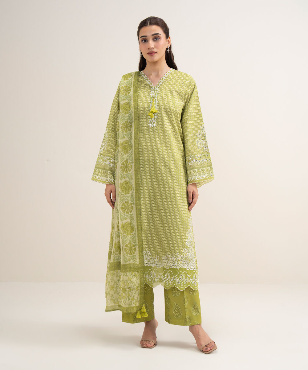 Women's Unstitched Lawn Embroidered Parrot Green 3 Piece Suit
