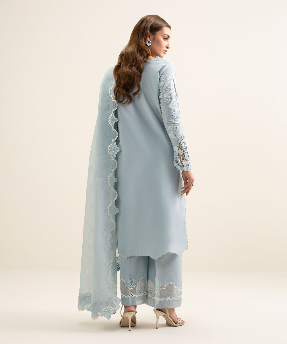 Women's Unstitched Lawn Embroidered Blue 3 Piece Suit