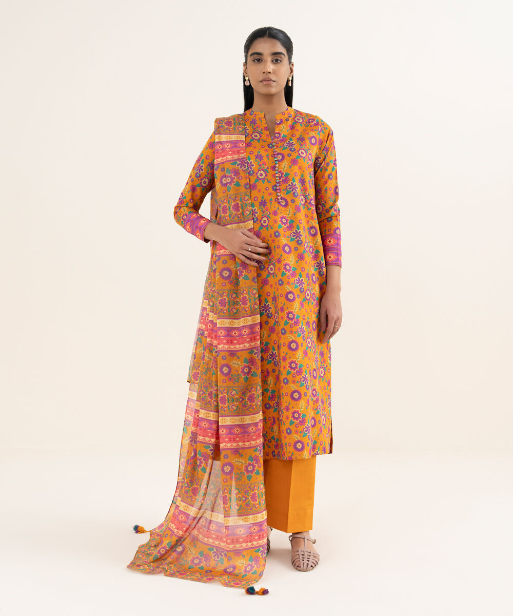 Women's Unstitched Lawn Printed Orange 3 Piece Suit
